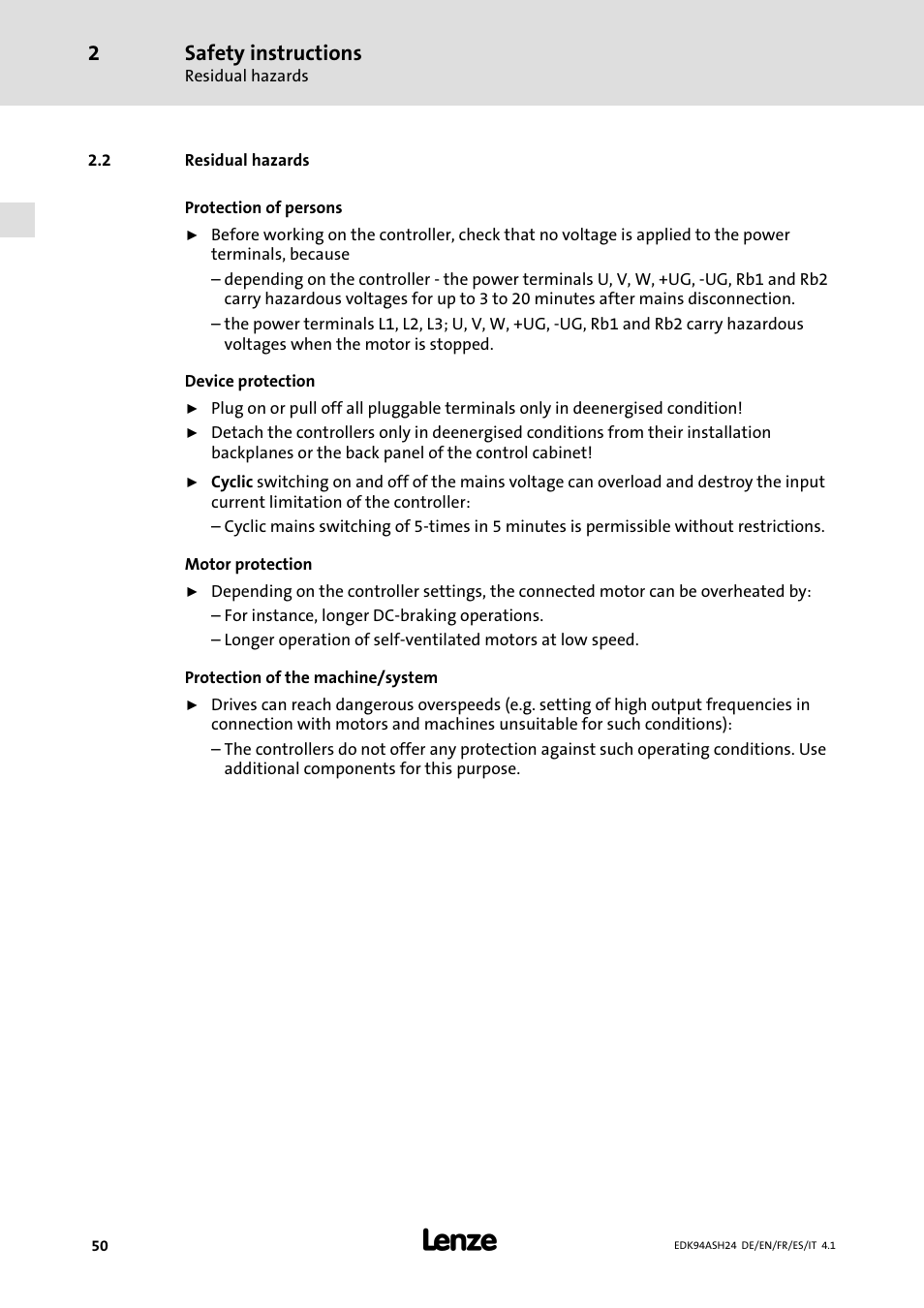 2 residual hazards, Safety instructions | Lenze 9400 Mounting Instructions User Manual | Page 50 / 208