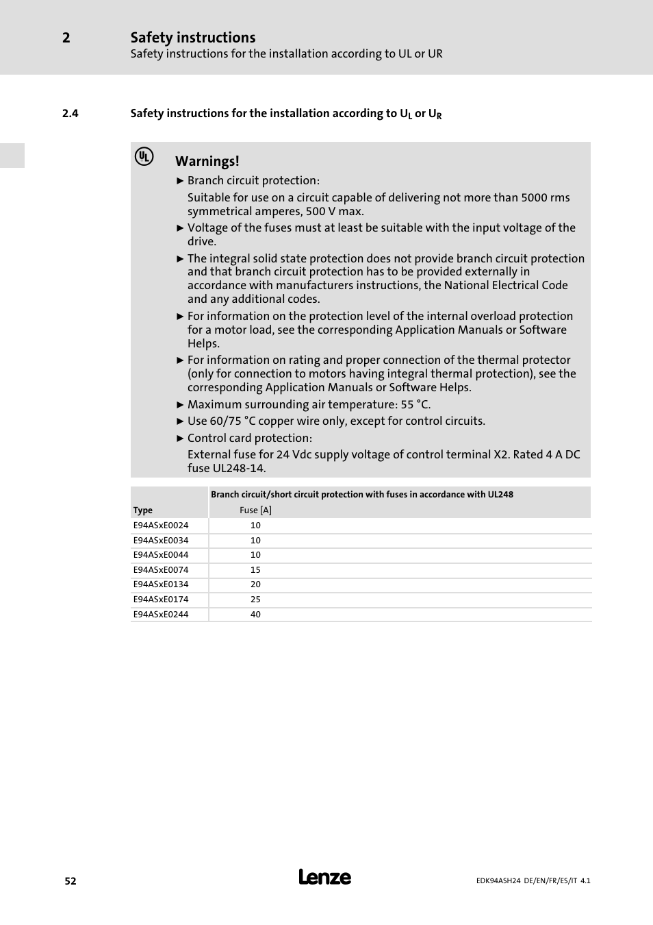 Safety instructions, Warnings | Lenze 9400 Mounting Instructions User Manual | Page 52 / 208