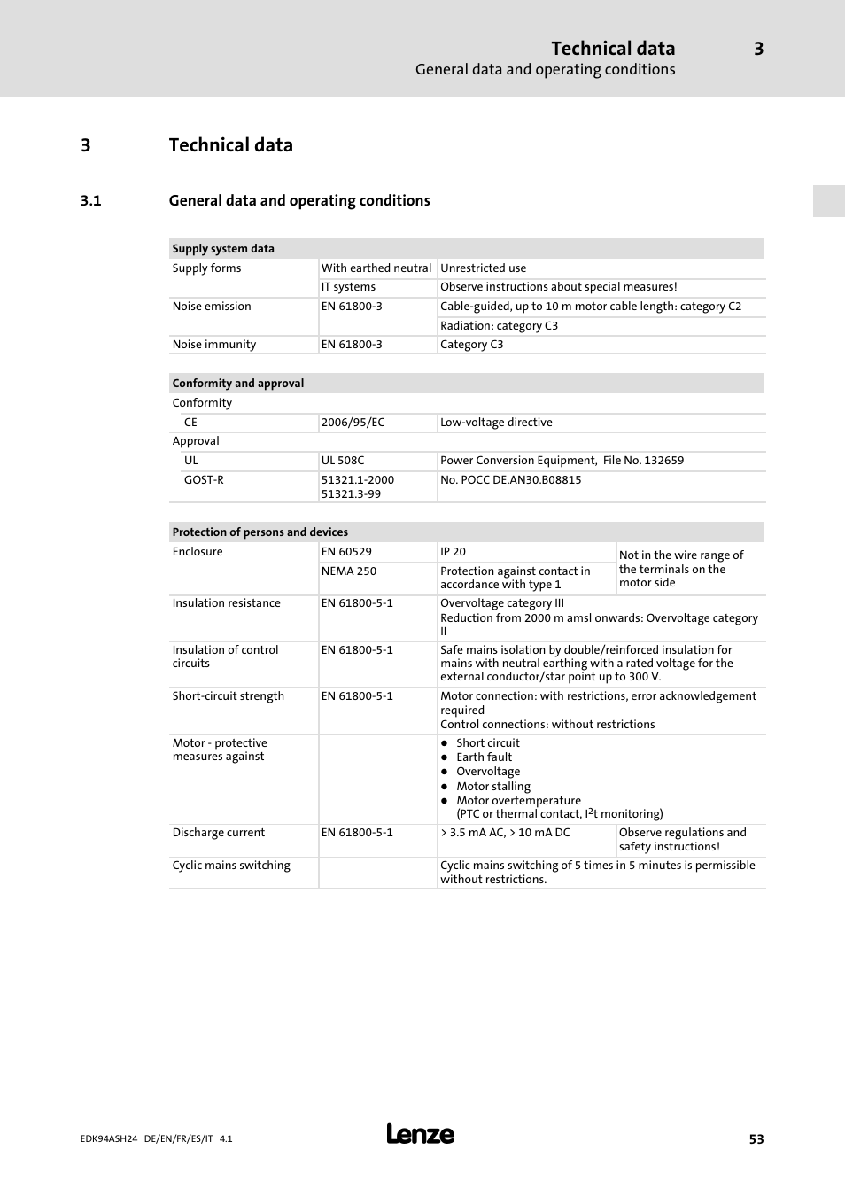 3 technical data, 1 general data and operating conditions, Technical data | 3technical data | Lenze 9400 Mounting Instructions User Manual | Page 53 / 208