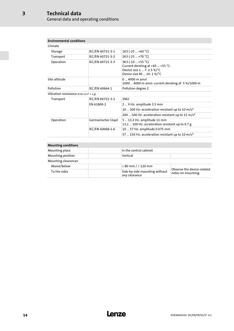 Technical data, General data and operating conditions | Lenze 9400 Mounting Instructions User Manual | Page 54 / 208