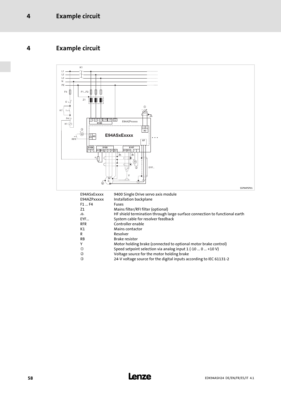 4 example circuit, Example circuit 4, 4example circuit | Lenze 9400 Mounting Instructions User Manual | Page 58 / 208