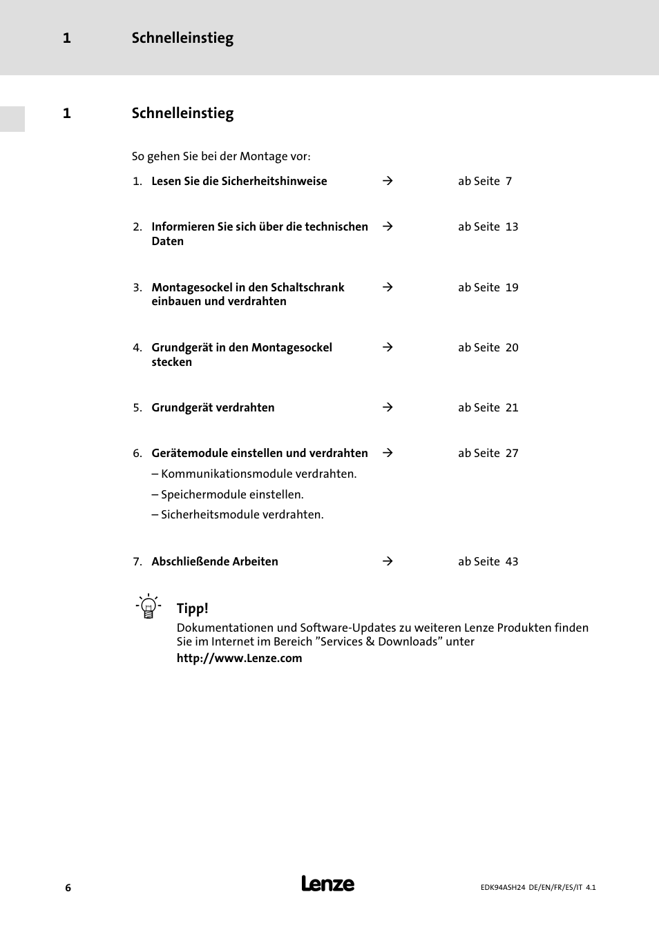 1 schnelleinstieg, Schnelleinstieg 1, 1schnelleinstieg | Lenze 9400 Mounting Instructions User Manual | Page 6 / 208