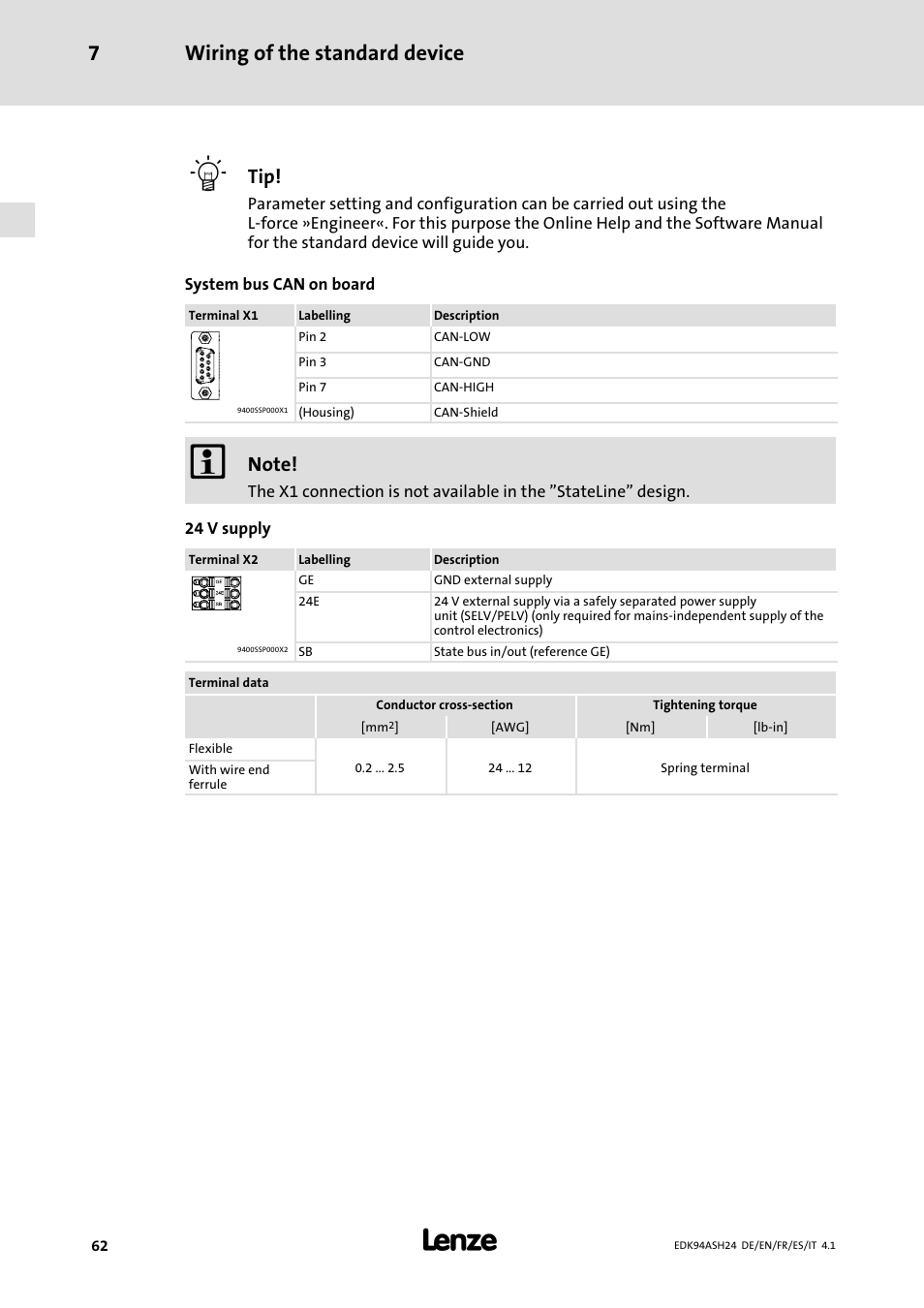 Wiring of the standard device 7 | Lenze 9400 Mounting Instructions User Manual | Page 62 / 208