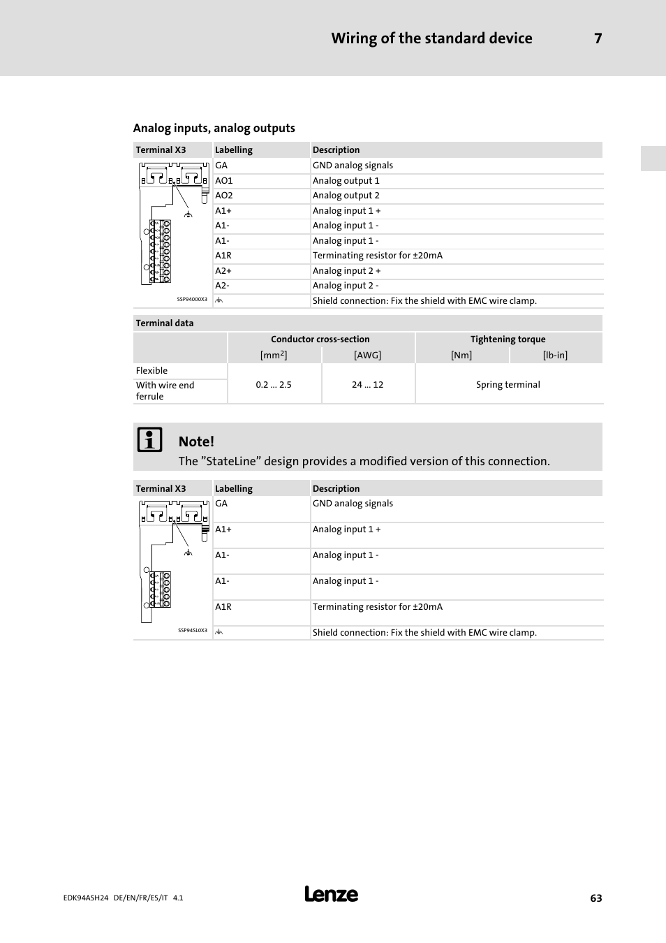 Wiring of the standard device 7 | Lenze 9400 Mounting Instructions User Manual | Page 63 / 208