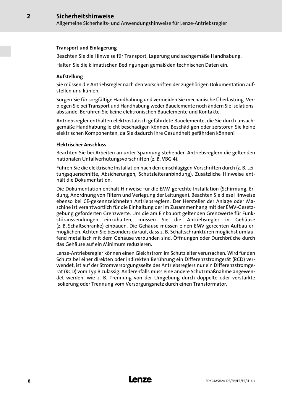 Sicherheitshinweise | Lenze 9400 Mounting Instructions User Manual | Page 8 / 208