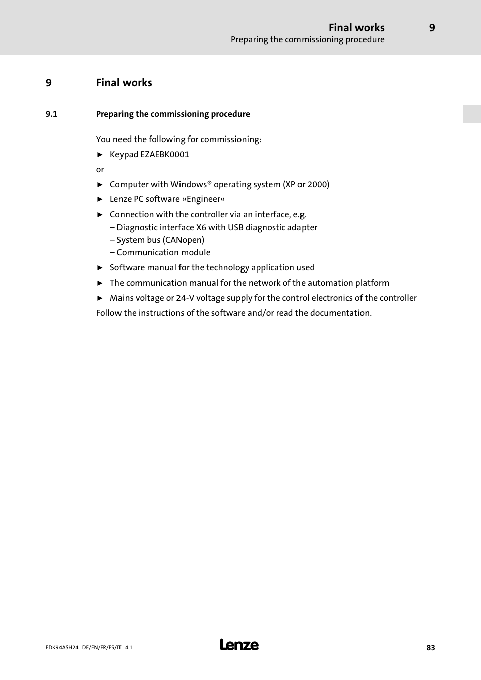 9 final works, 1 preparing the commissioning procedure, Final works | 9final works | Lenze 9400 Mounting Instructions User Manual | Page 83 / 208