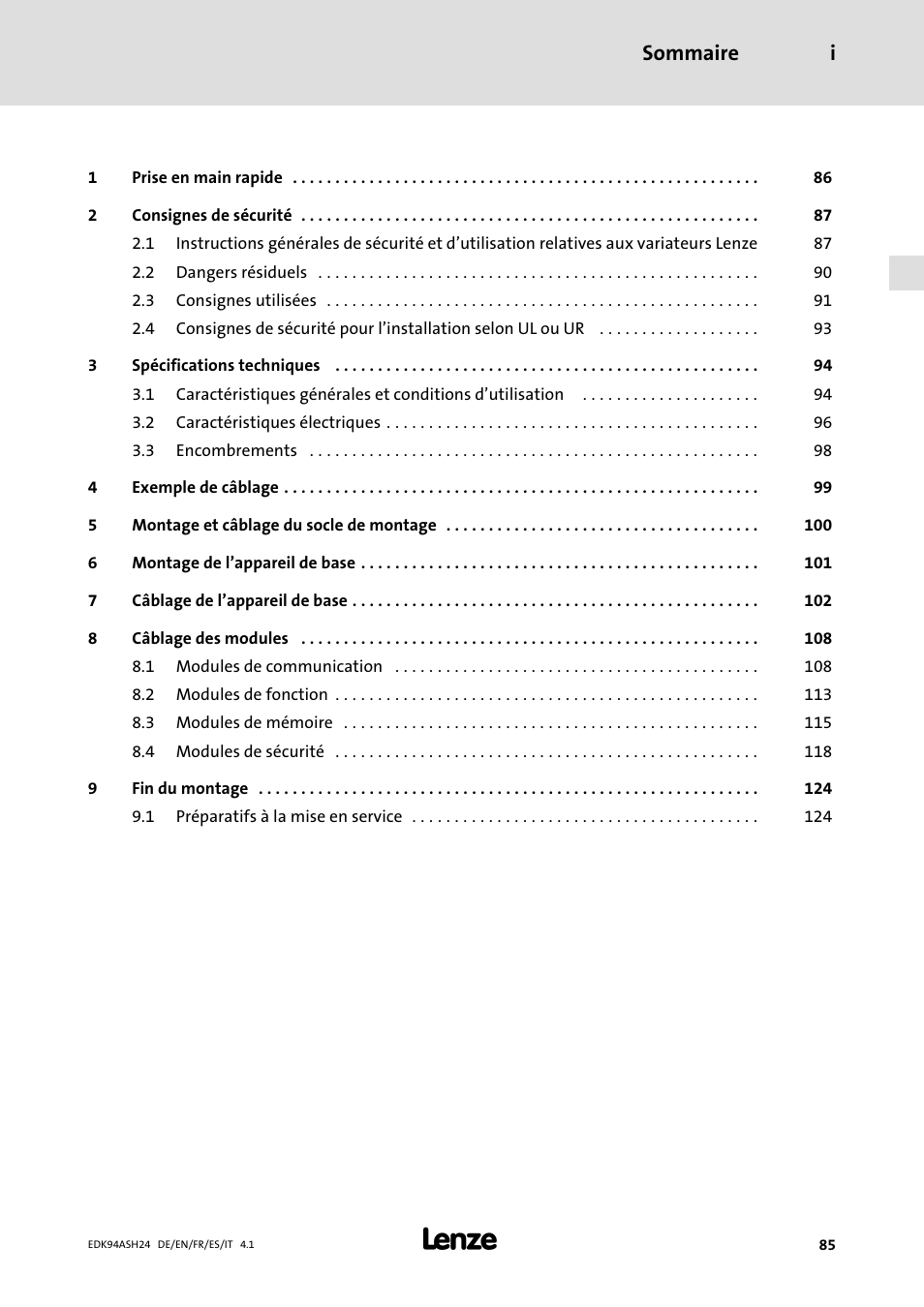 Sommaire, Sommaire i | Lenze 9400 Mounting Instructions User Manual | Page 85 / 208