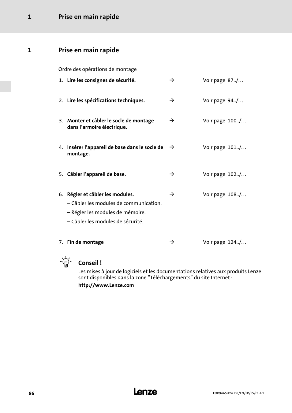 1 prise en main rapide, Prise en main rapide 1, 1prise en main rapide | Lenze 9400 Mounting Instructions User Manual | Page 86 / 208