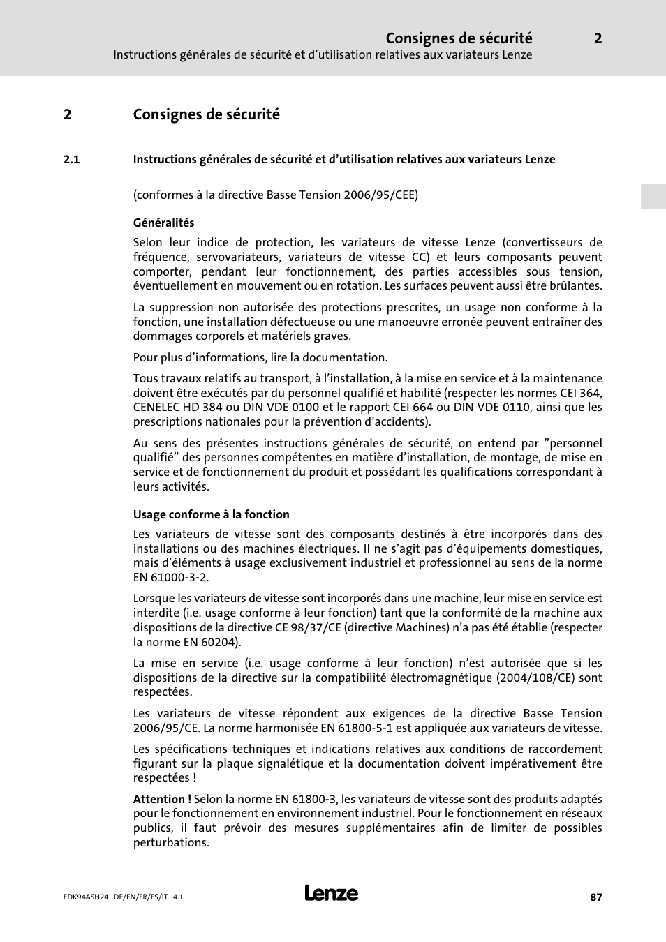 2 consignes de sécurité, Consignes de sécurité, 2consignes de sécurité | Lenze 9400 Mounting Instructions User Manual | Page 87 / 208