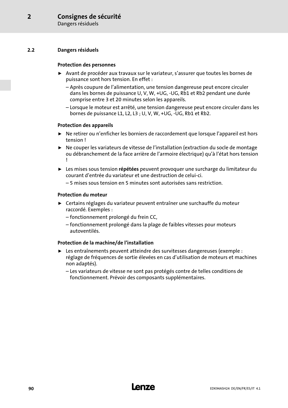 2 dangers résiduels, Consignes de sécurité | Lenze 9400 Mounting Instructions User Manual | Page 90 / 208