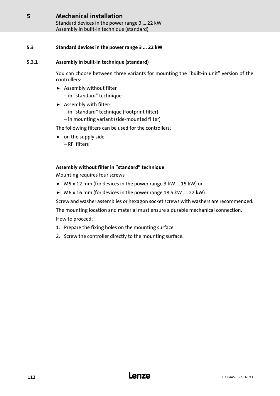Standard devices in the power range 3 22 kw, 1 assembly in built-in technique ( standard), 3 standard devices in the power range 3 kw | Assembly in built-in technique (standard), Mechanical installation | Lenze 8400 User Manual | Page 112 / 304
