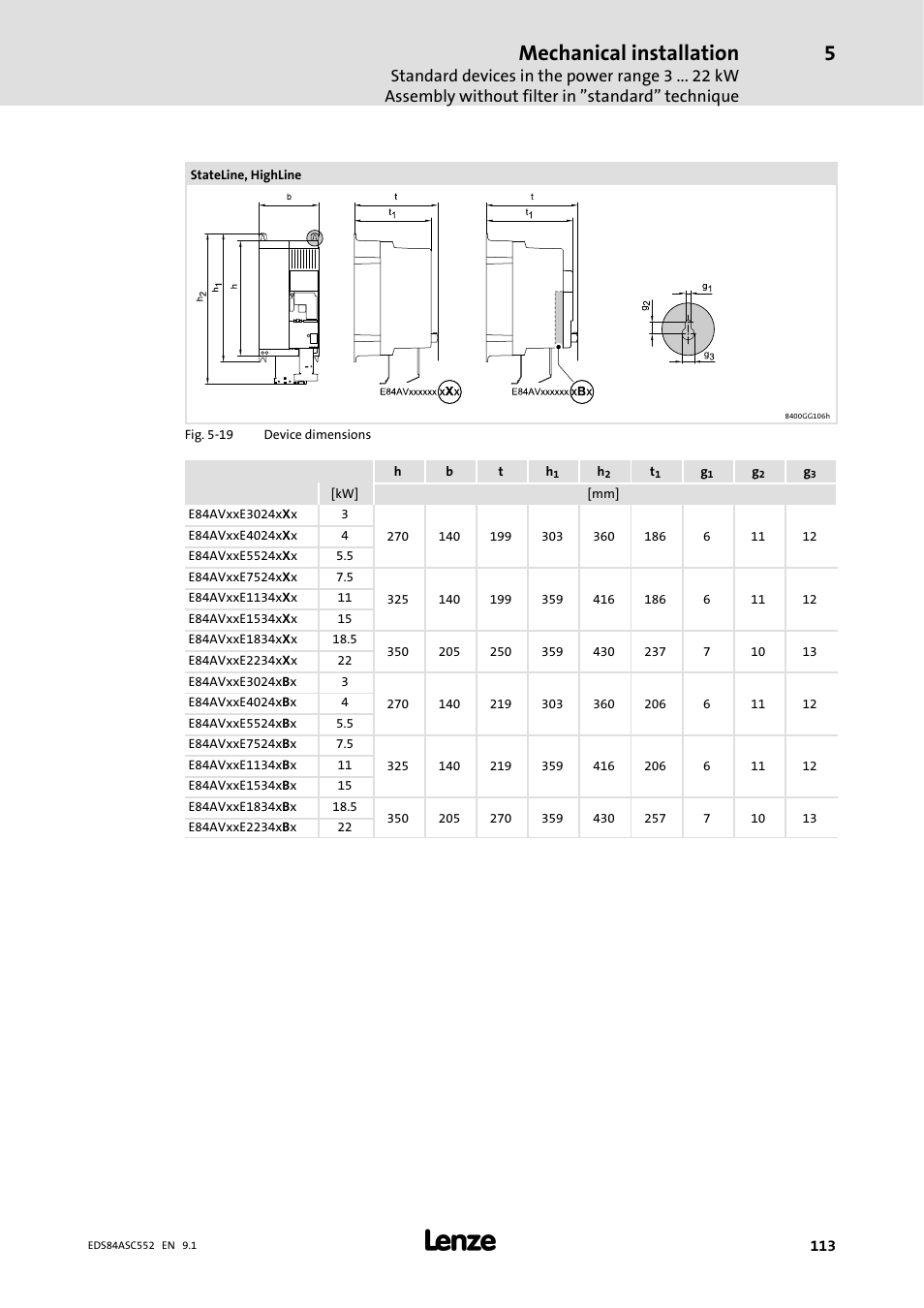 Mechanical installation | Lenze 8400 User Manual | Page 113 / 304