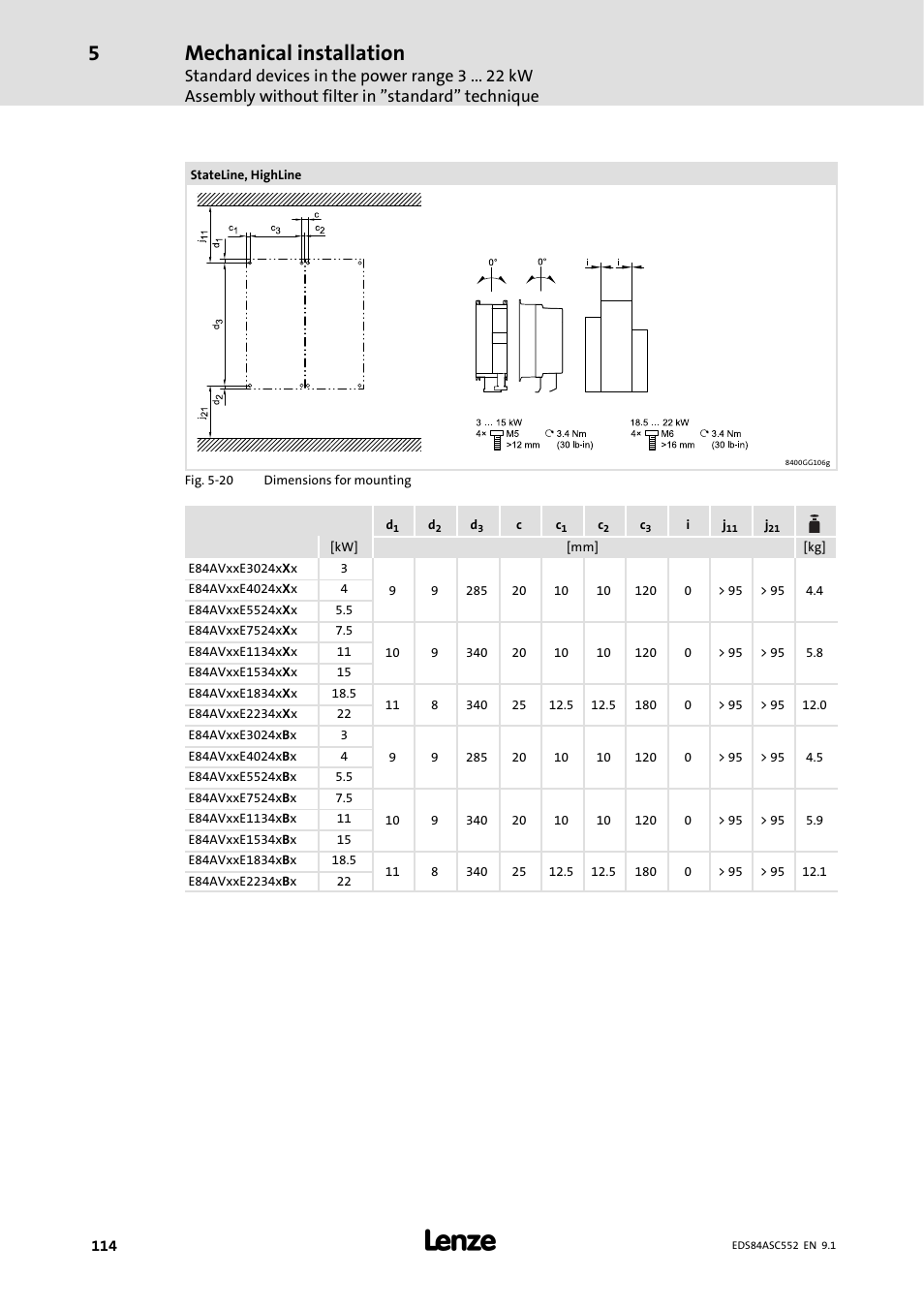 Mechanical installation | Lenze 8400 User Manual | Page 114 / 304