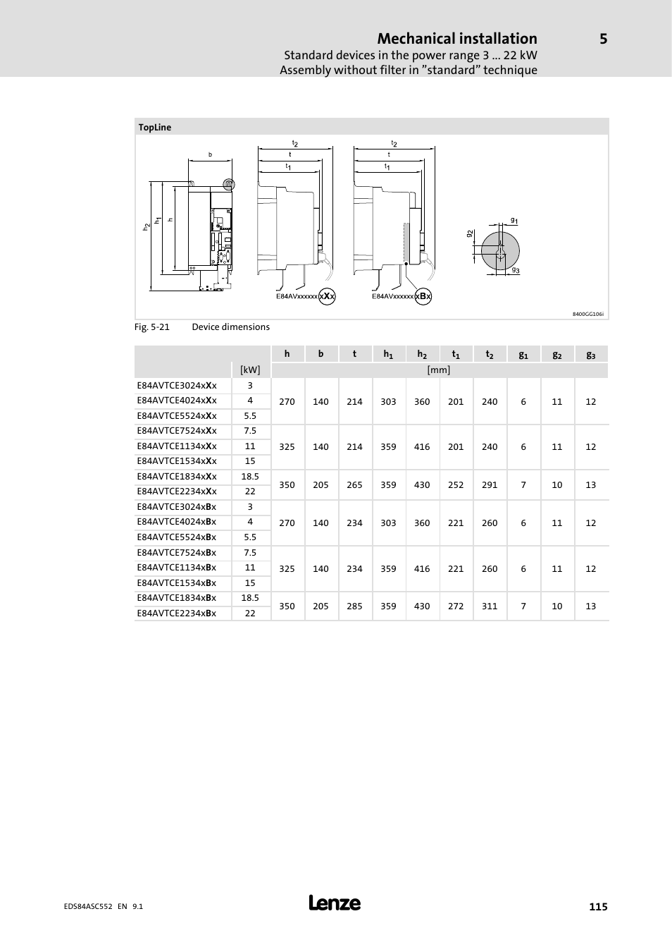 Mechanical installation | Lenze 8400 User Manual | Page 115 / 304