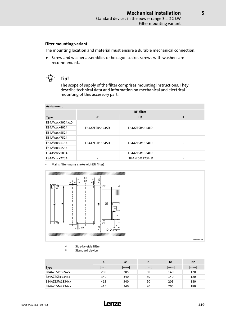 Mechanical installation | Lenze 8400 User Manual | Page 119 / 304