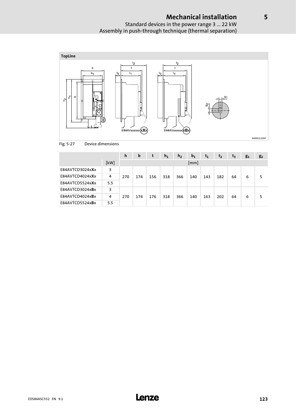 Mechanical installation | Lenze 8400 User Manual | Page 123 / 304