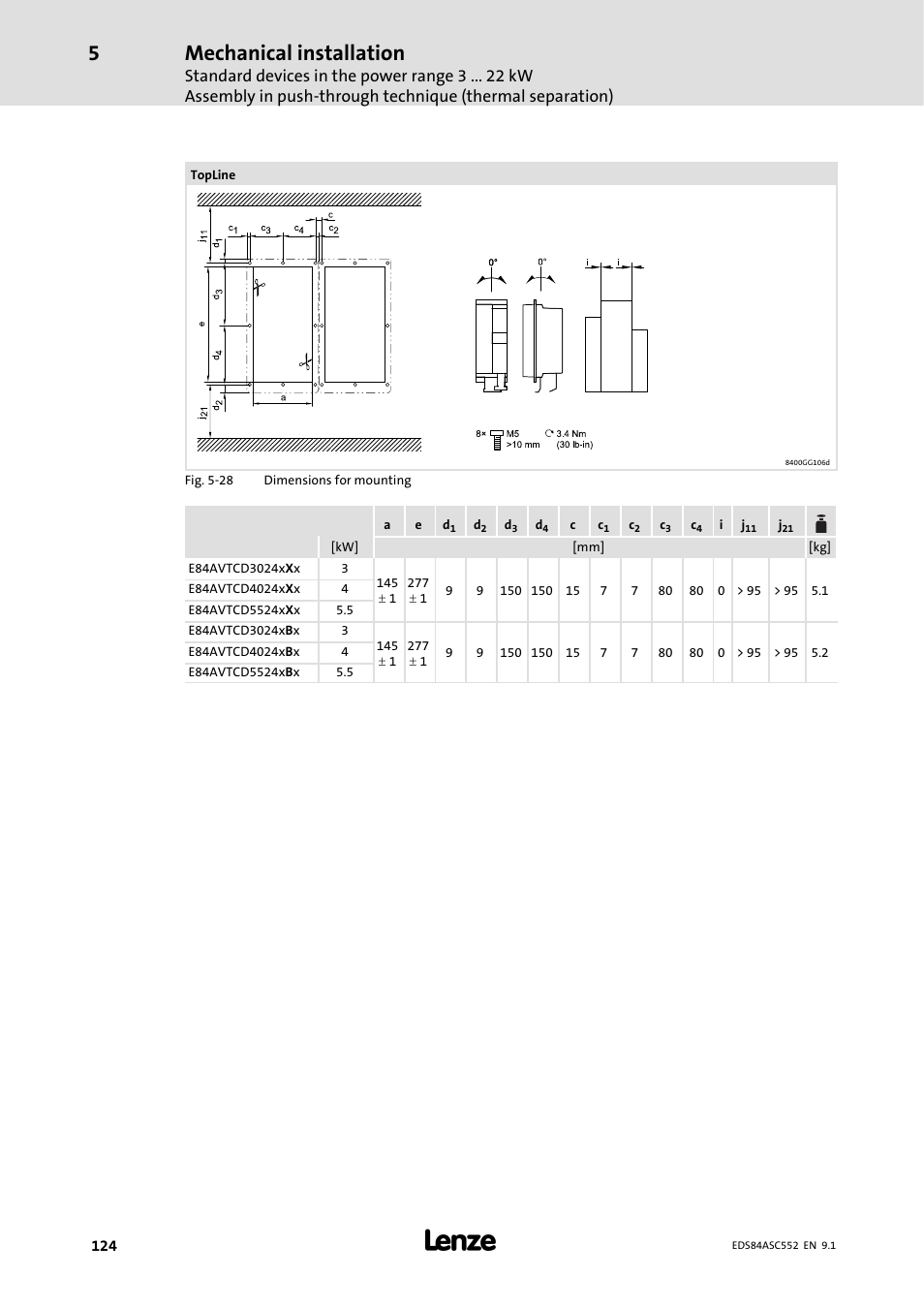 Mechanical installation | Lenze 8400 User Manual | Page 124 / 304