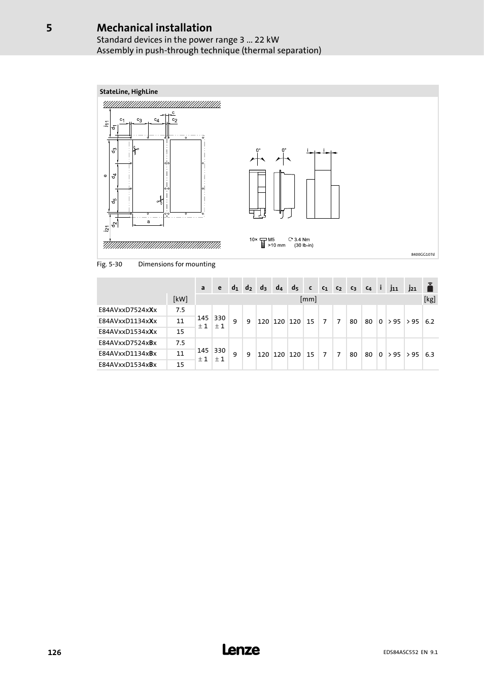 Mechanical installation | Lenze 8400 User Manual | Page 126 / 304