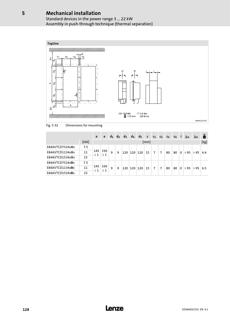 Mechanical installation | Lenze 8400 User Manual | Page 128 / 304