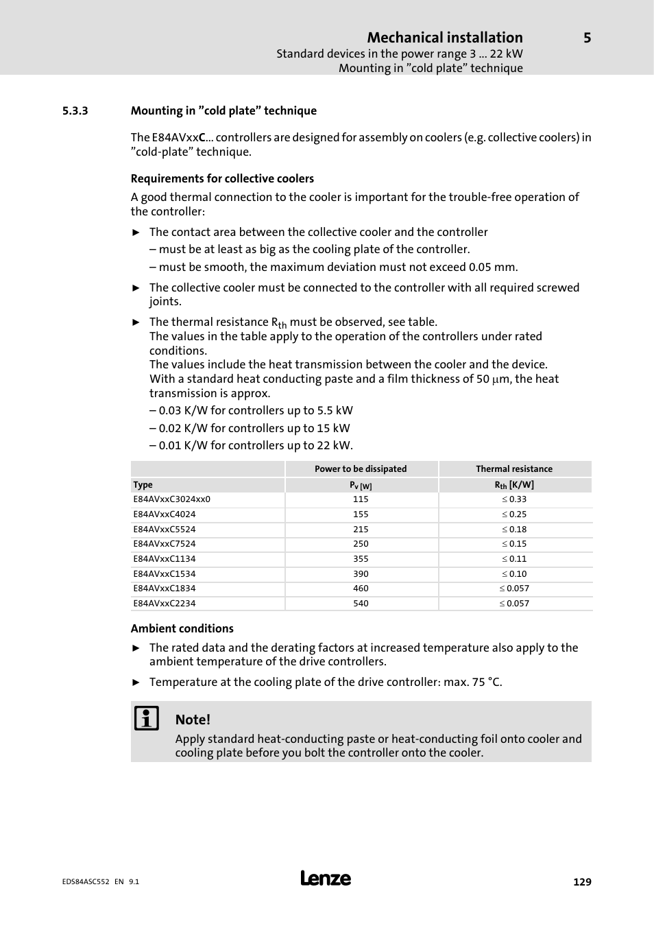 3 mounting in ﬂ cold plateﬂ technique, Mounting in ”cold plate” technique, Mechanical installation | Lenze 8400 User Manual | Page 129 / 304