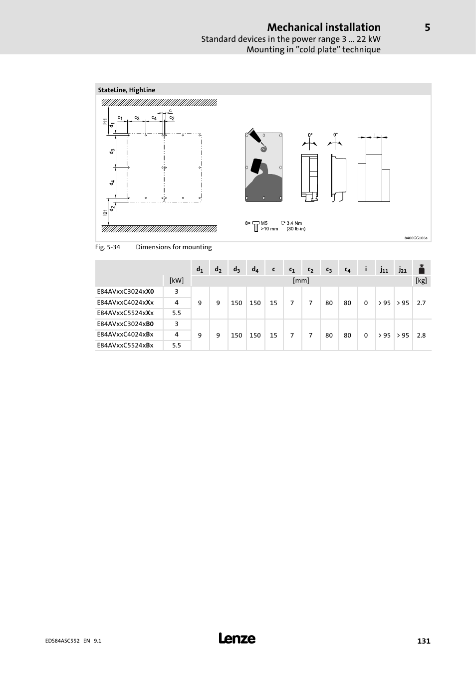 Mechanical installation | Lenze 8400 User Manual | Page 131 / 304