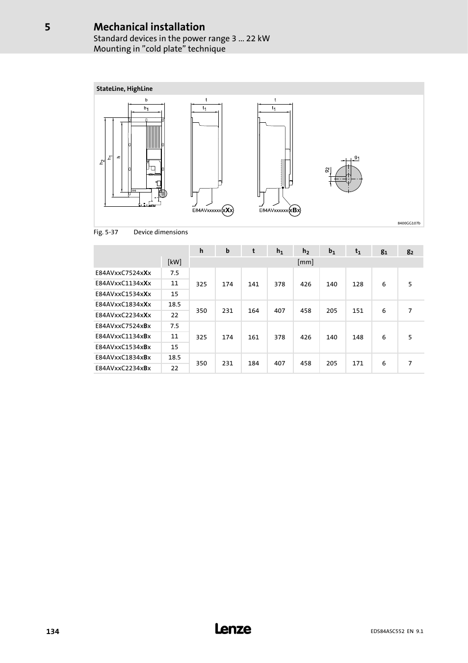 Mechanical installation | Lenze 8400 User Manual | Page 134 / 304