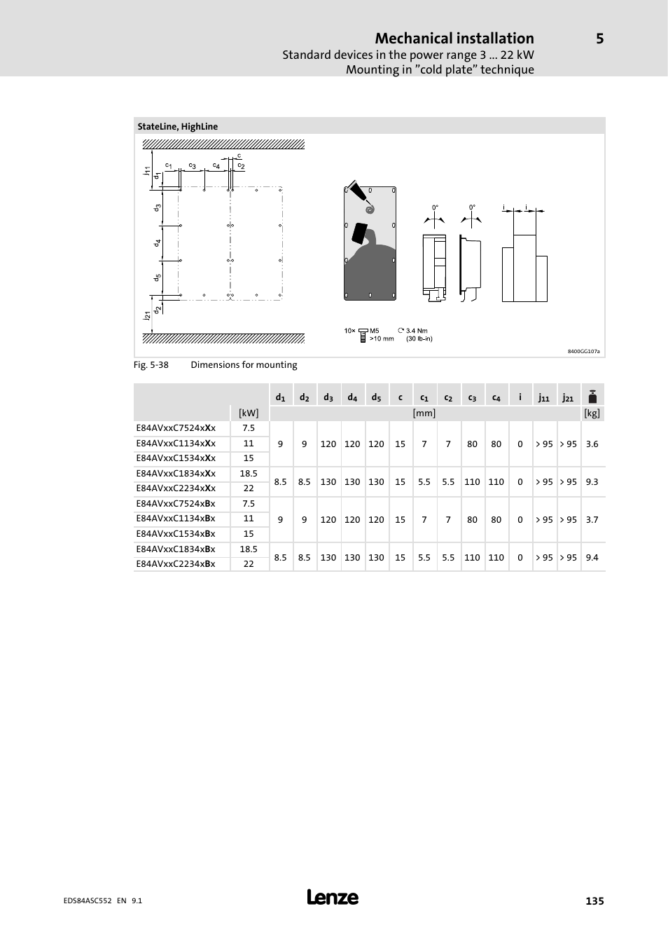 Mechanical installation | Lenze 8400 User Manual | Page 135 / 304