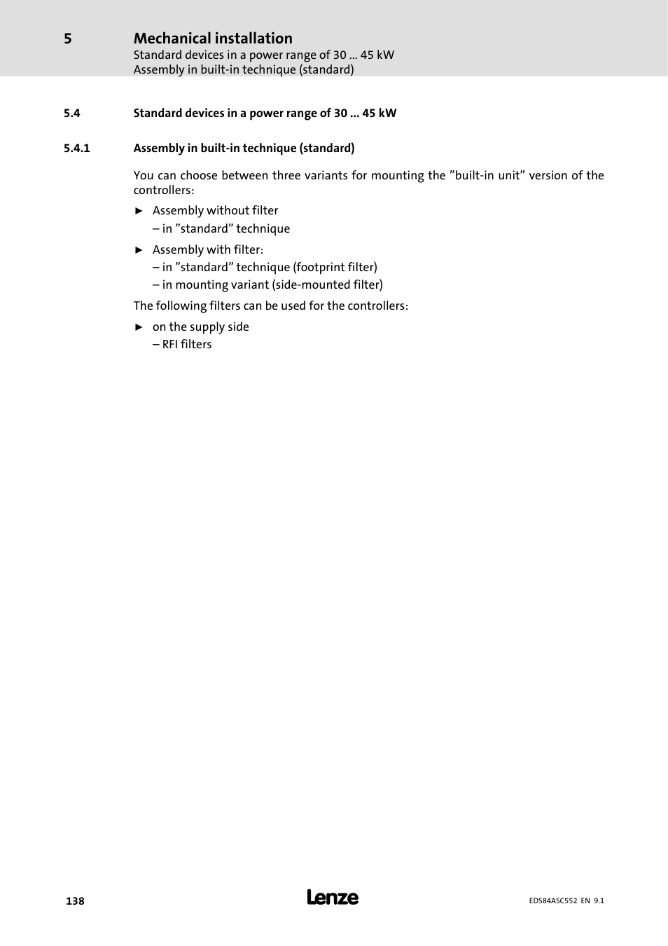 Standard devices in a power range of 30 45 kw, 1 assembly in built-in technique ( standard), 4 standard devices in a power range of 30 kw | Assembly in built-in technique (standard), Mechanical installation | Lenze 8400 User Manual | Page 138 / 304