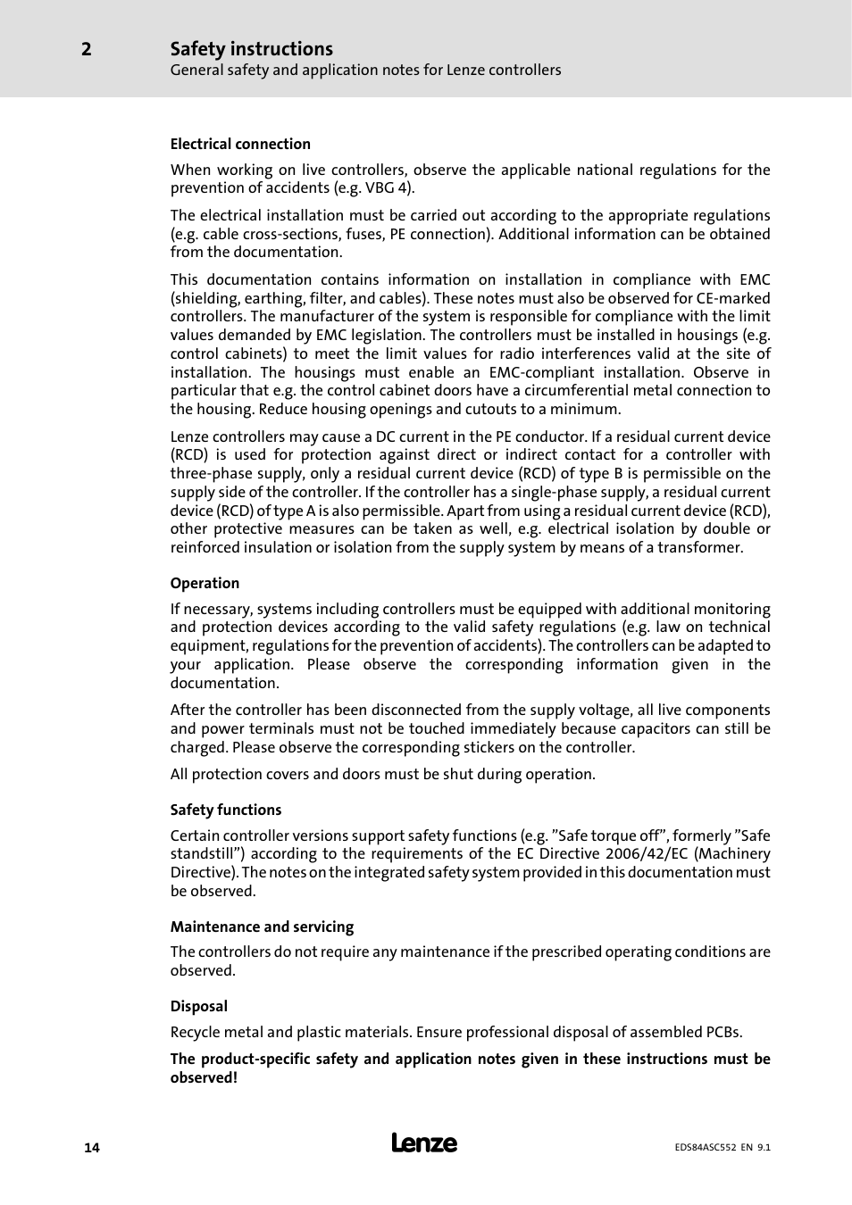 Safety instructions | Lenze 8400 User Manual | Page 14 / 304
