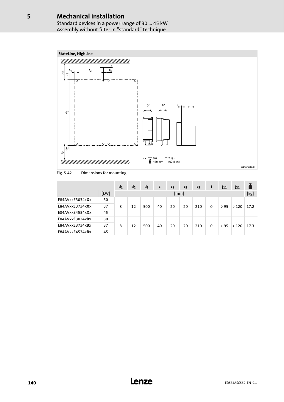 Mechanical installation | Lenze 8400 User Manual | Page 140 / 304