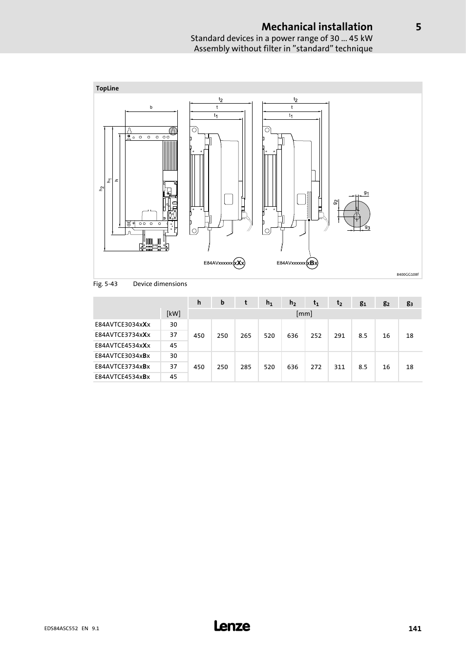 Mechanical installation | Lenze 8400 User Manual | Page 141 / 304