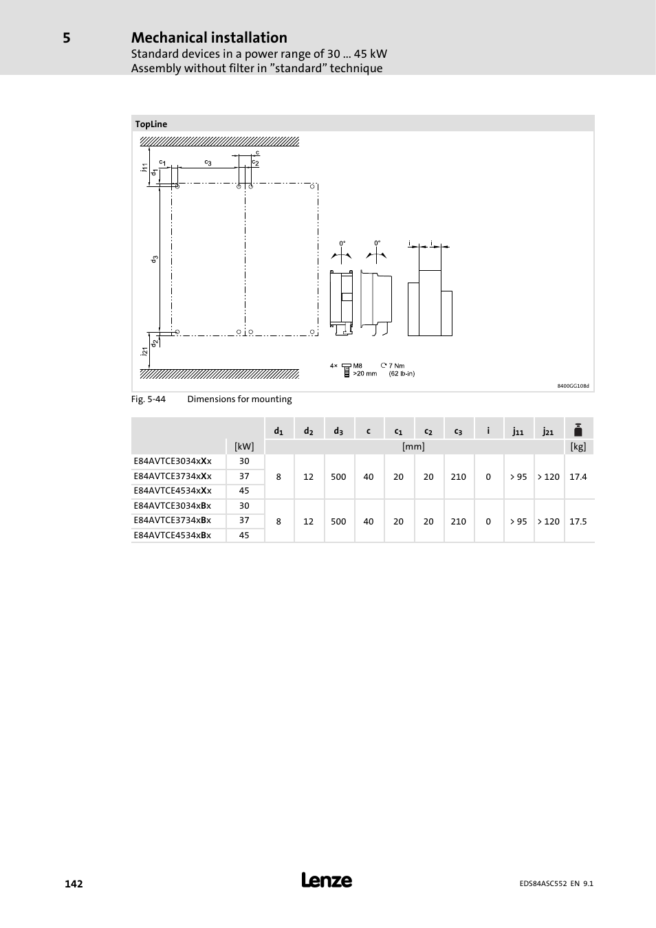 Mechanical installation | Lenze 8400 User Manual | Page 142 / 304