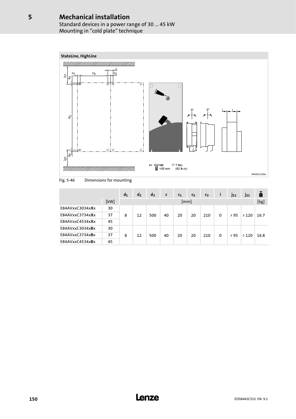 Mechanical installation | Lenze 8400 User Manual | Page 150 / 304