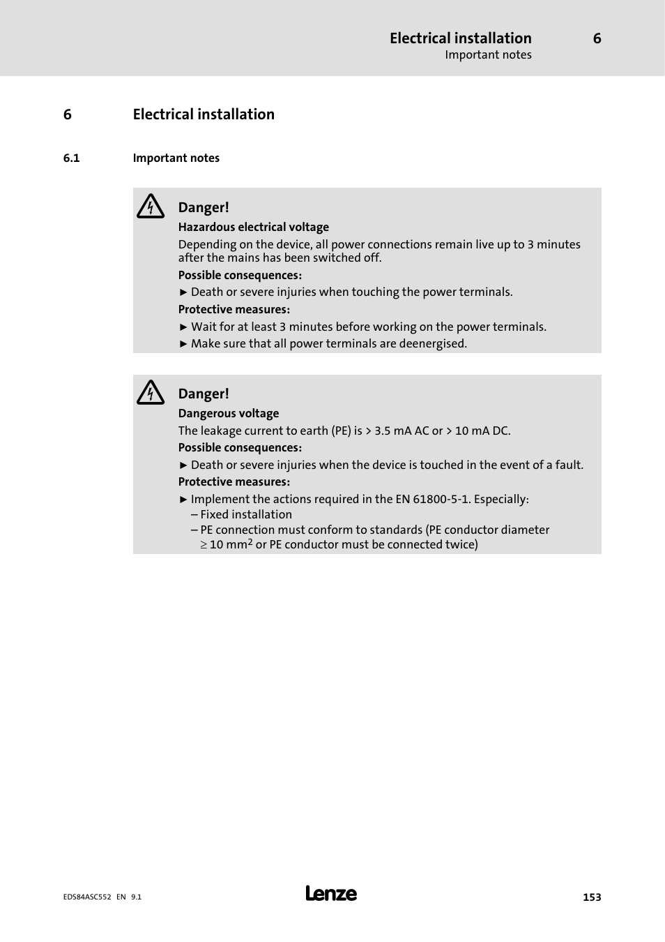 Electrical installation, Important notes, 1 important notes | Lenze 8400 User Manual | Page 153 / 304