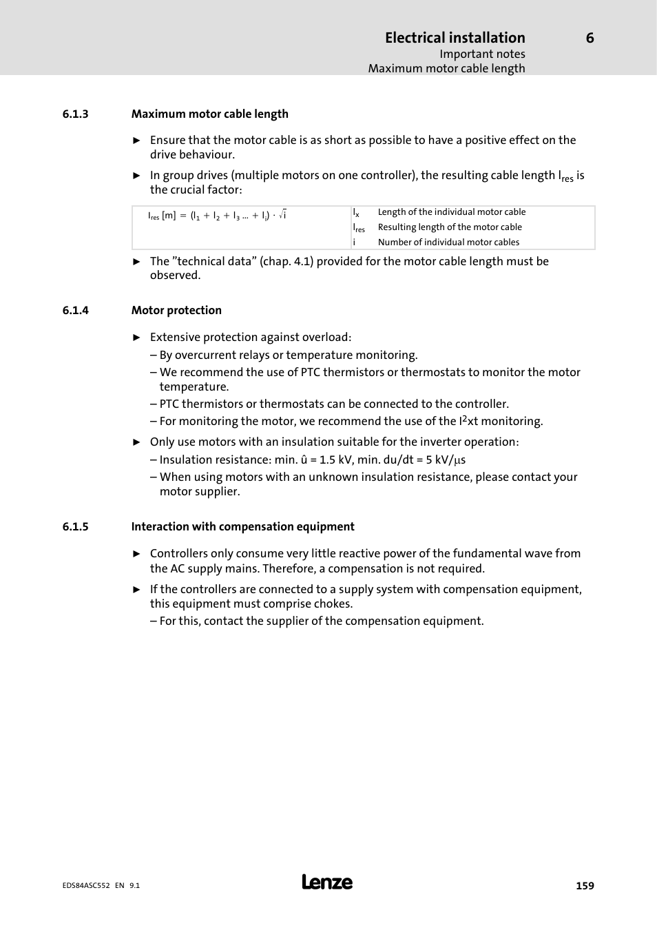 3 maximum motor cable length, 4 motor protection, 5 interaction with compensation equipment | Maximum motor cable length, Motor protection, Interaction with compensation equipment, Electrical installation | Lenze 8400 User Manual | Page 159 / 304