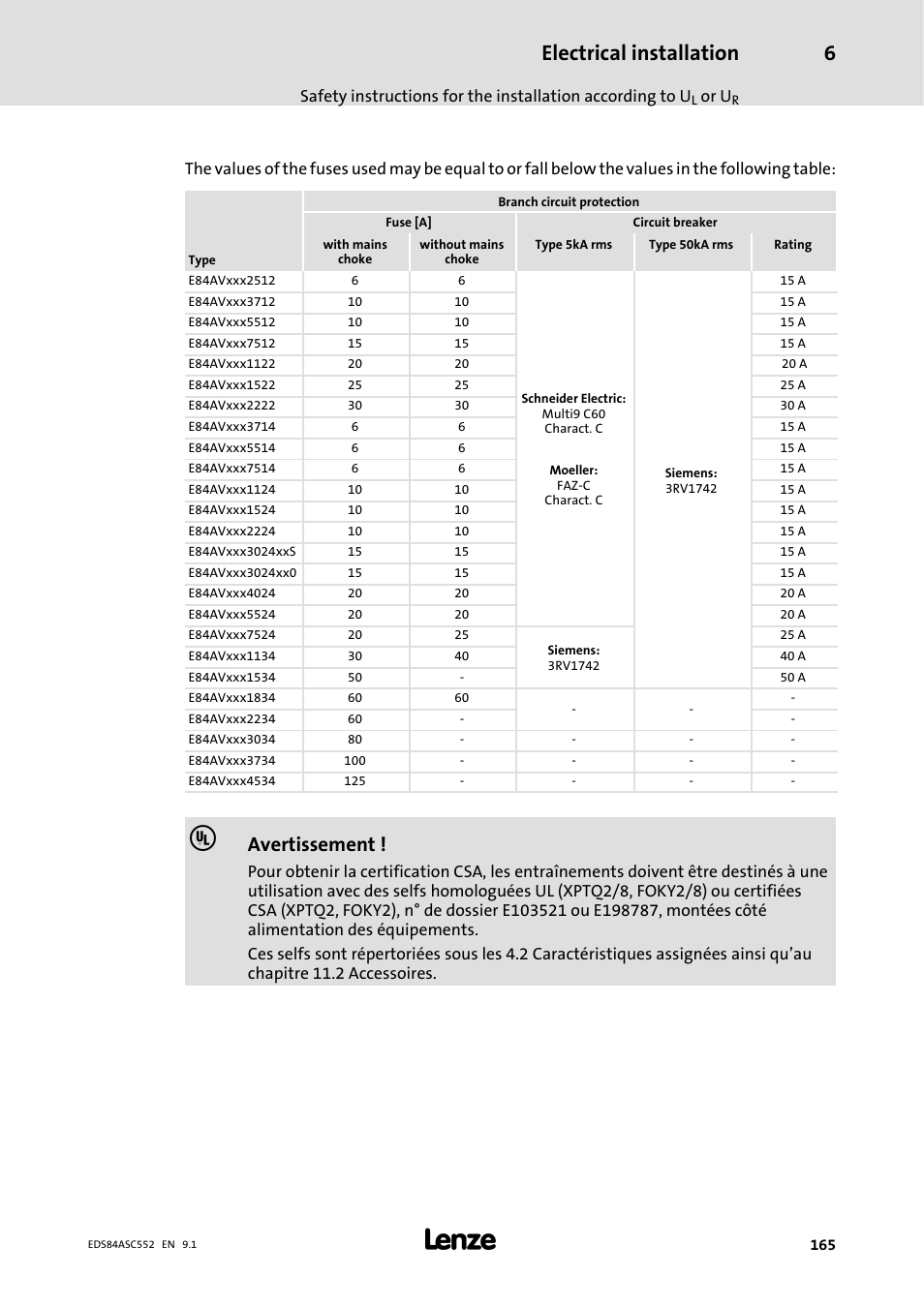 Electrical installation, Avertissement | Lenze 8400 User Manual | Page 165 / 304