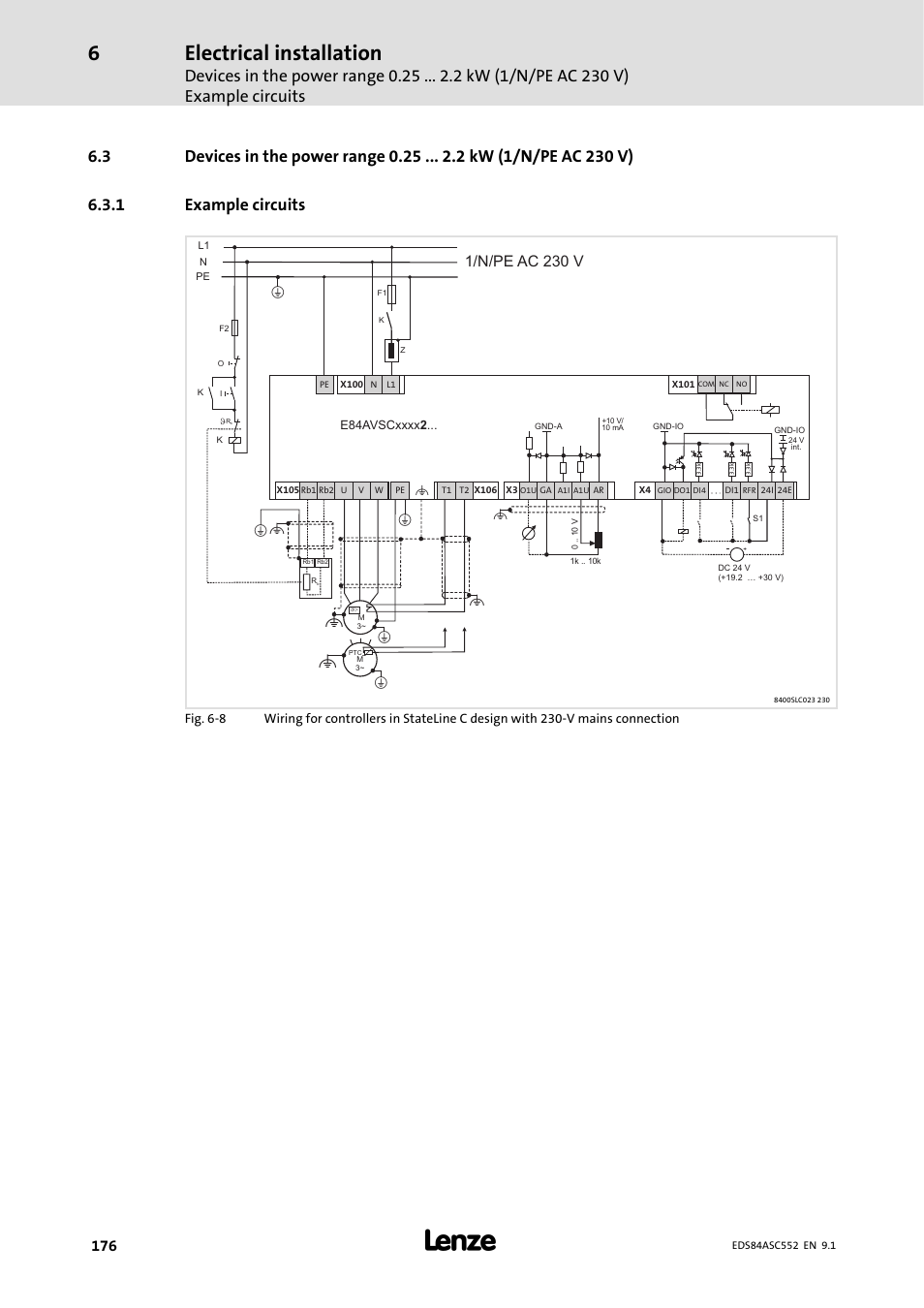 1 example circuits, Example circuits, Electrical installation | 1/n/pe ac 230 v | Lenze 8400 User Manual | Page 176 / 304