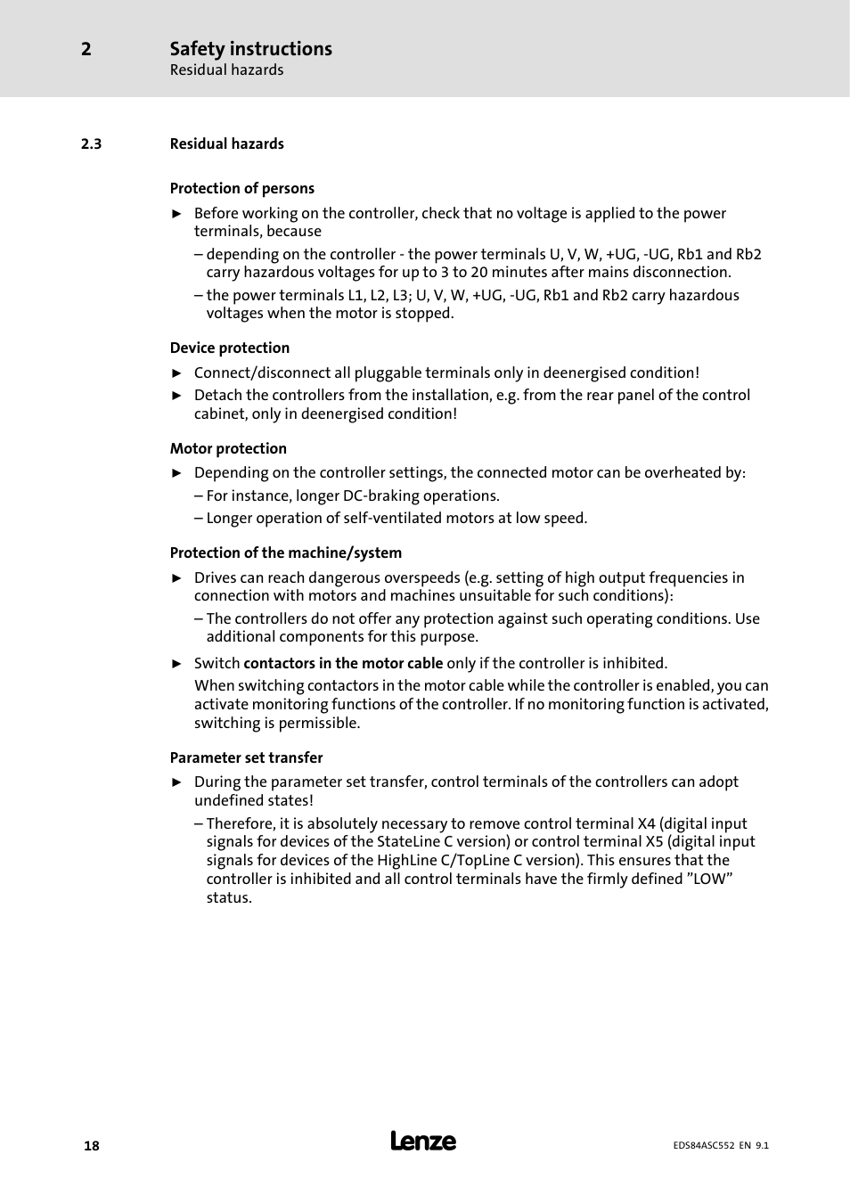 3 residual hazards, Safety instructions | Lenze 8400 User Manual | Page 18 / 304