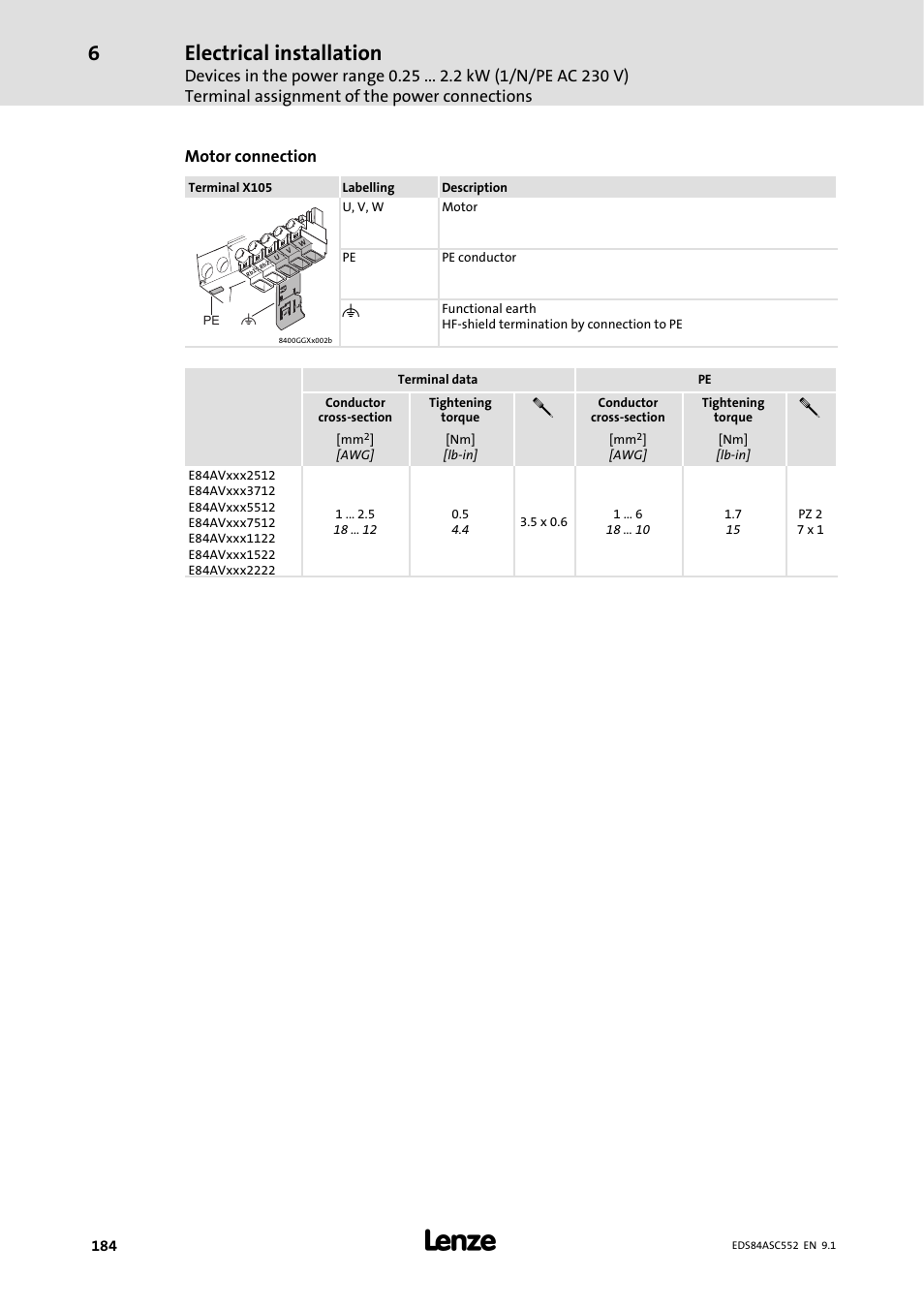 Electrical installation, Motor connection | Lenze 8400 User Manual | Page 184 / 304