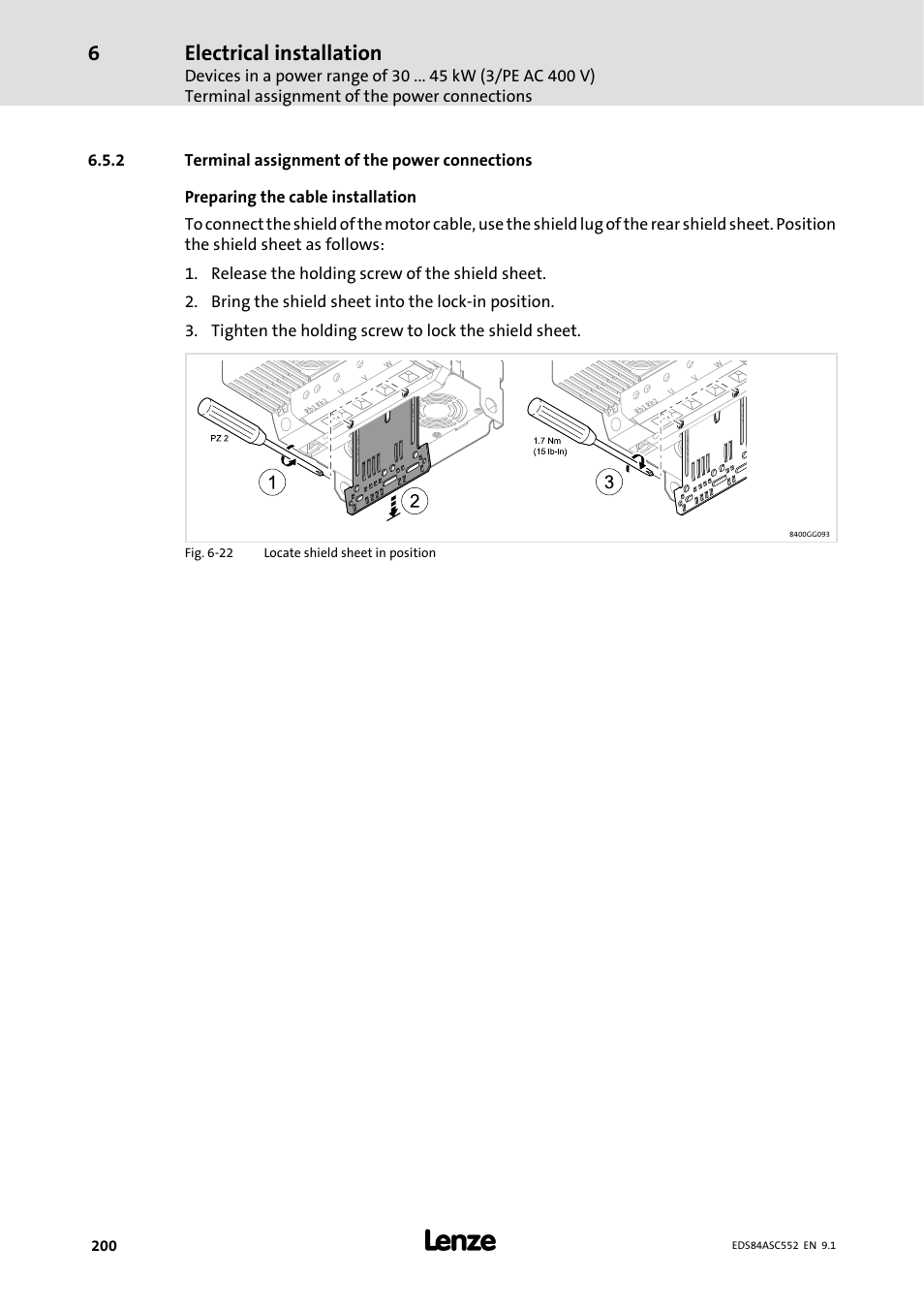 2 terminal assignment of the power connections, Terminal assignment of the power connections, Electrical installation | Lenze 8400 User Manual | Page 200 / 304