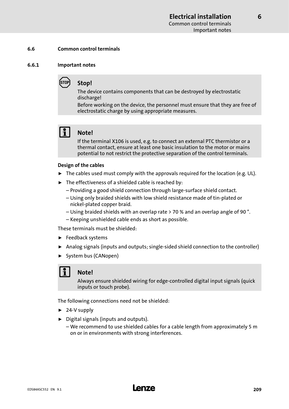 6 common control terminals, 1 important notes, Important notes | Electrical installation | Lenze 8400 User Manual | Page 209 / 304