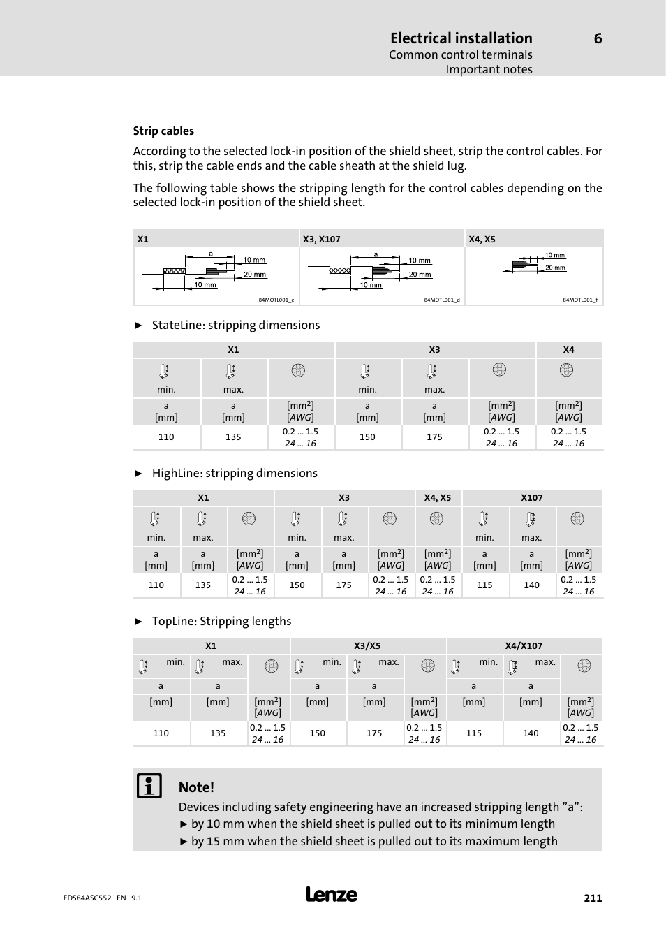 Electrical installation, Stateline: stripping dimensions, Highline: stripping dimensions | Topline: stripping lengths | Lenze 8400 User Manual | Page 211 / 304