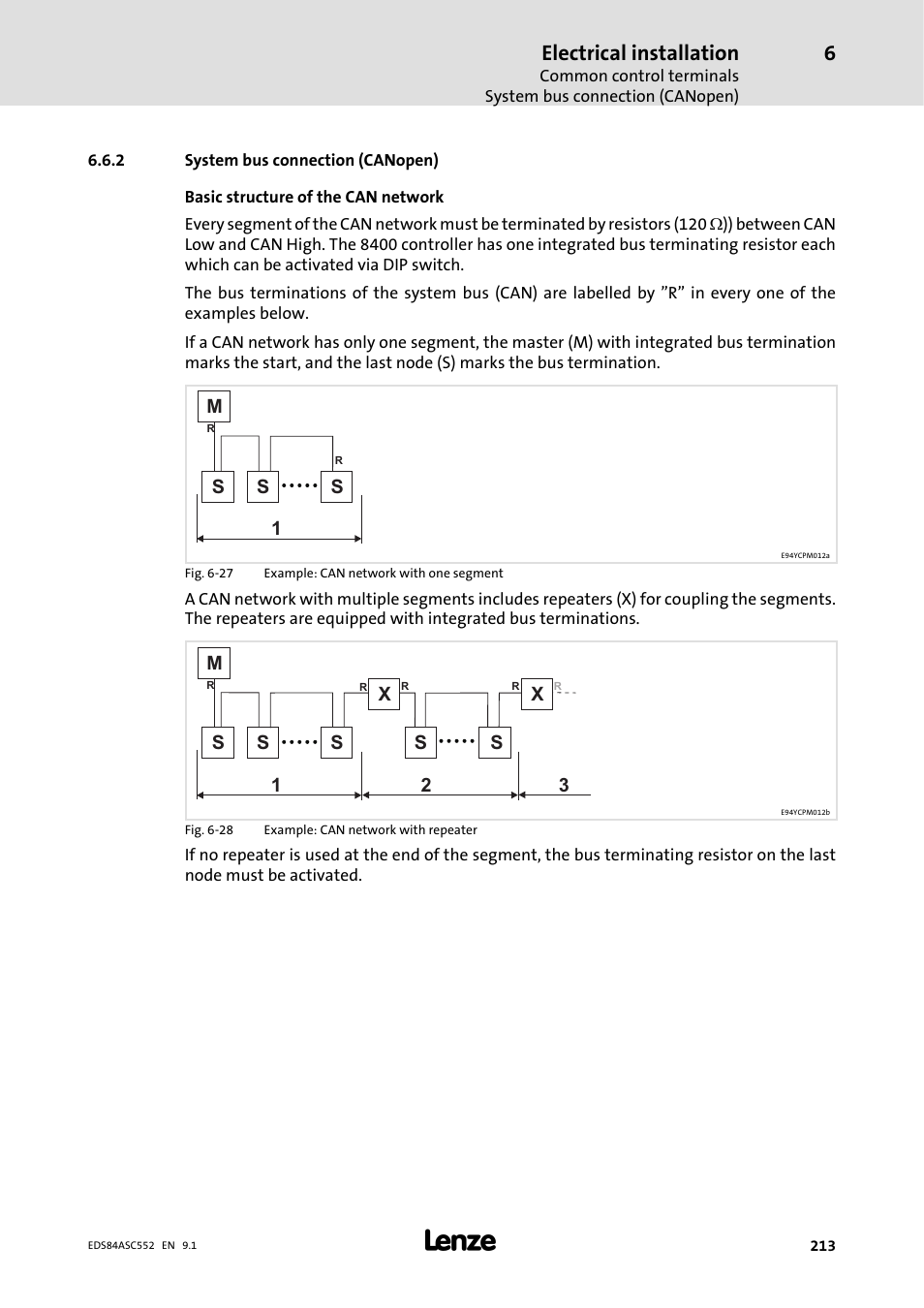 2 systembus connection ( canopen), System bus connection (canopen), Electrical installation | Lenze 8400 User Manual | Page 213 / 304