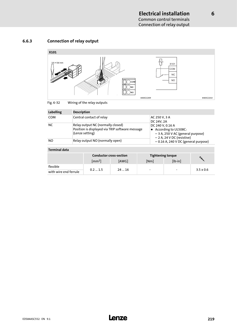 3 connection of relay output, Connection of relay output, Electrical installation | Lenze 8400 User Manual | Page 219 / 304