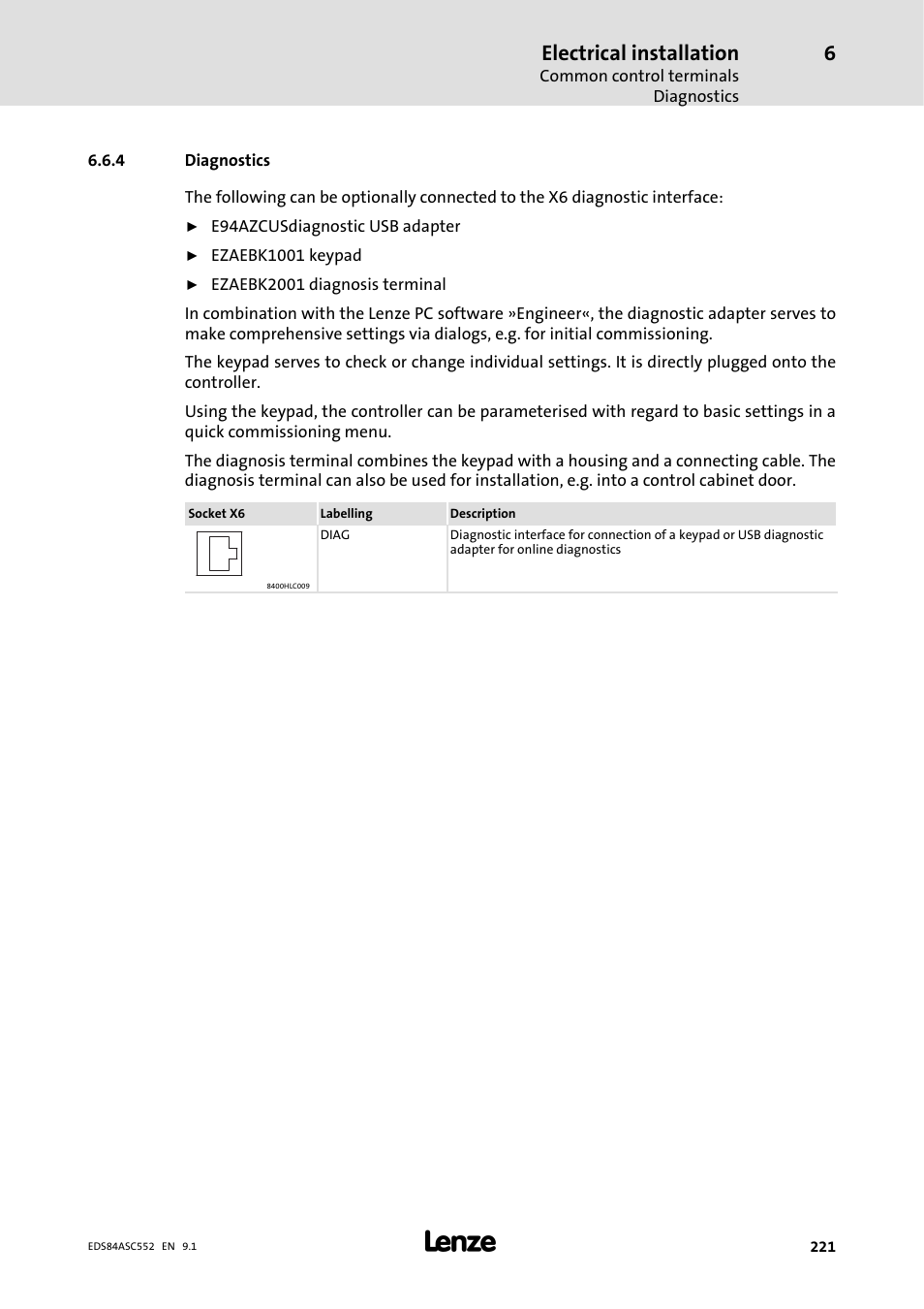 4 diagnostics, Diagnostics, Electrical installation | Lenze 8400 User Manual | Page 221 / 304