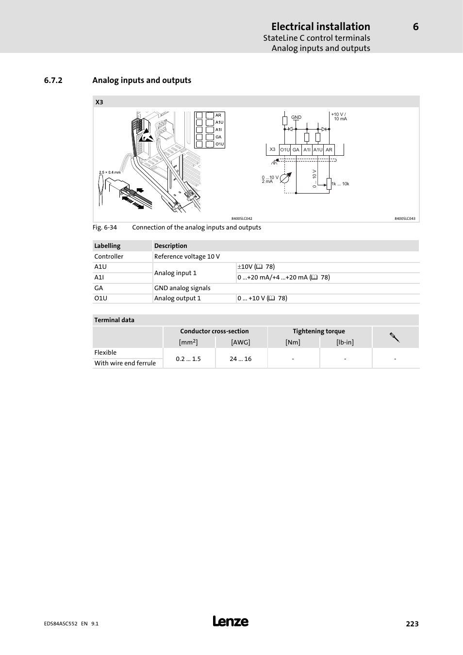 2 analog inputs and outputs, Analog inputs and outputs, Electrical installation | Lenze 8400 User Manual | Page 223 / 304