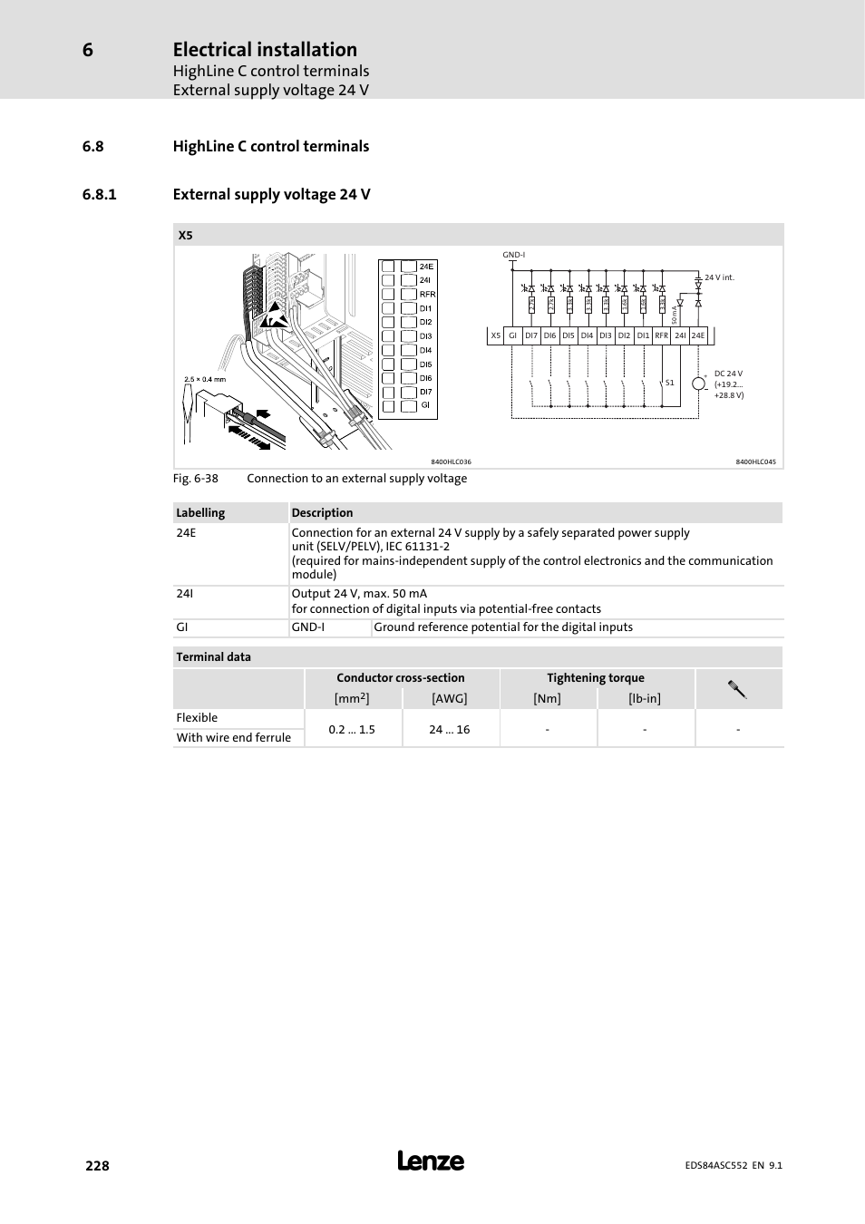 8 highline c control terminals, 1 external supply voltage 24 v, External supply voltage 24 v | Electrical installation | Lenze 8400 User Manual | Page 228 / 304