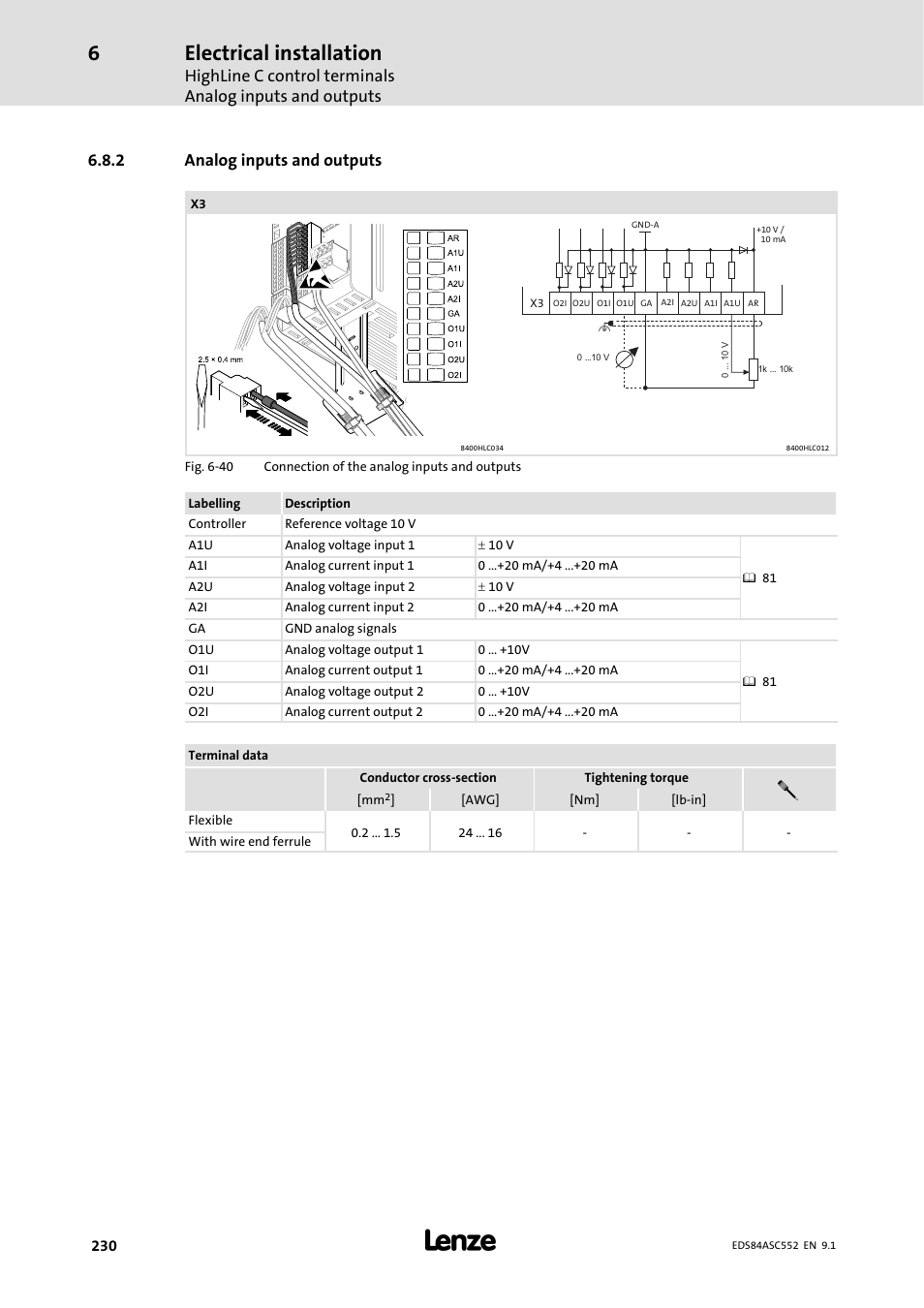 2 analog inputs and outputs, Analog inputs and outputs, Electrical installation | Lenze 8400 User Manual | Page 230 / 304