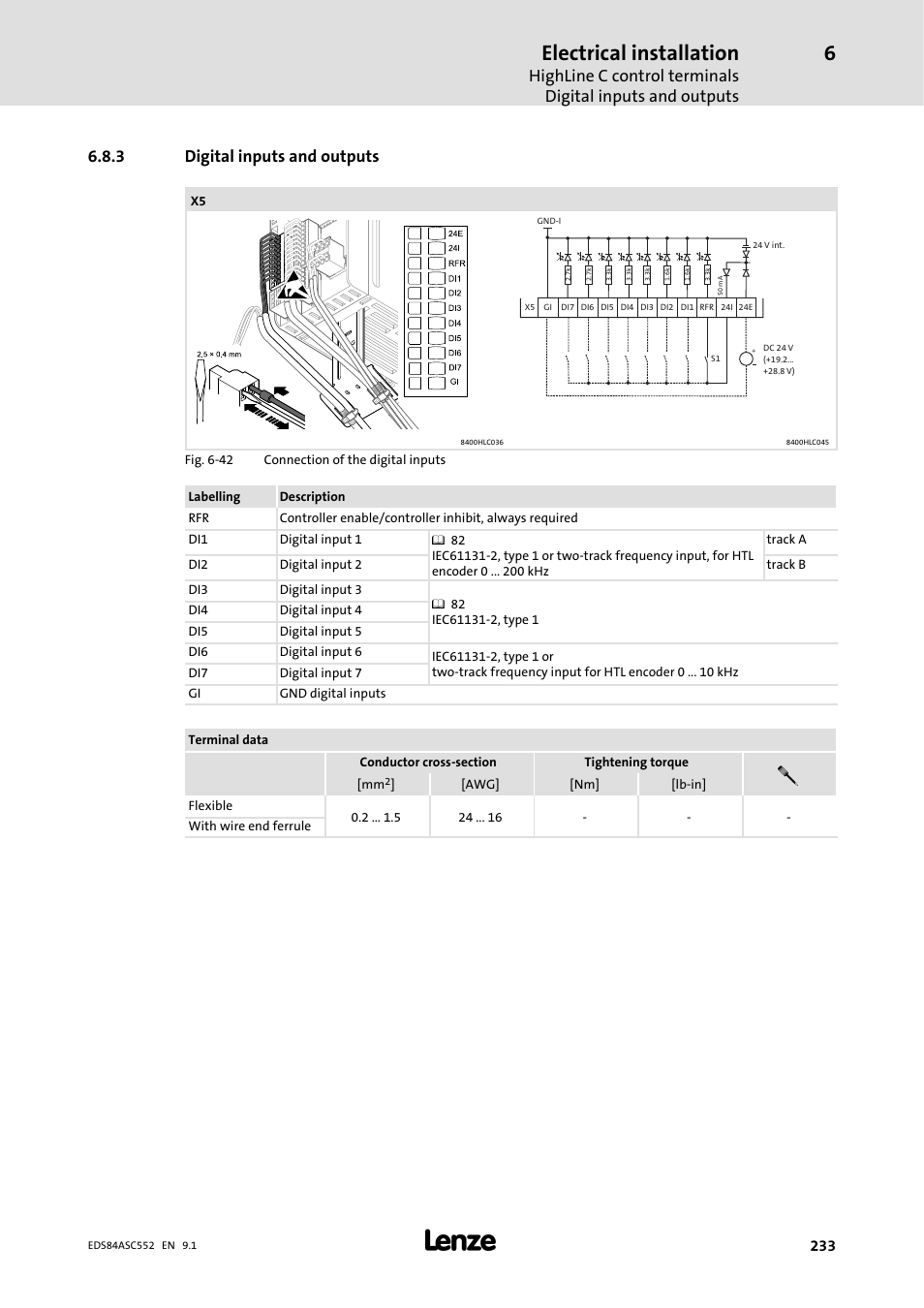 3 digital inputs and outputs, Digital inputs and outputs, Electrical installation | Lenze 8400 User Manual | Page 233 / 304