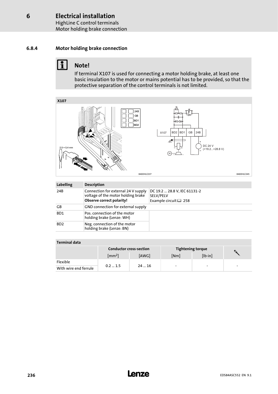 4 motor holding brake connection, Motor holding brake connection, Electrical installation | Lenze 8400 User Manual | Page 236 / 304